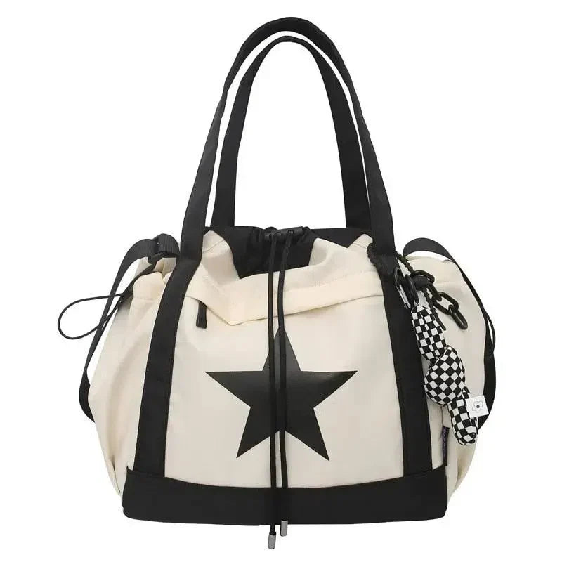 CREAM TOTE BAG WITH BLACK STAR - LARGE CAPACITY SHOULDER BAG