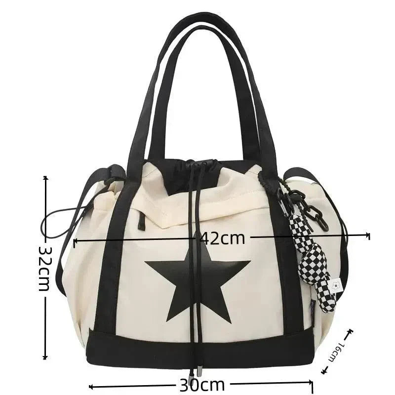 CREAM TOTE BAG WITH BLACK STAR - LARGE CAPACITY SHOULDER BAG