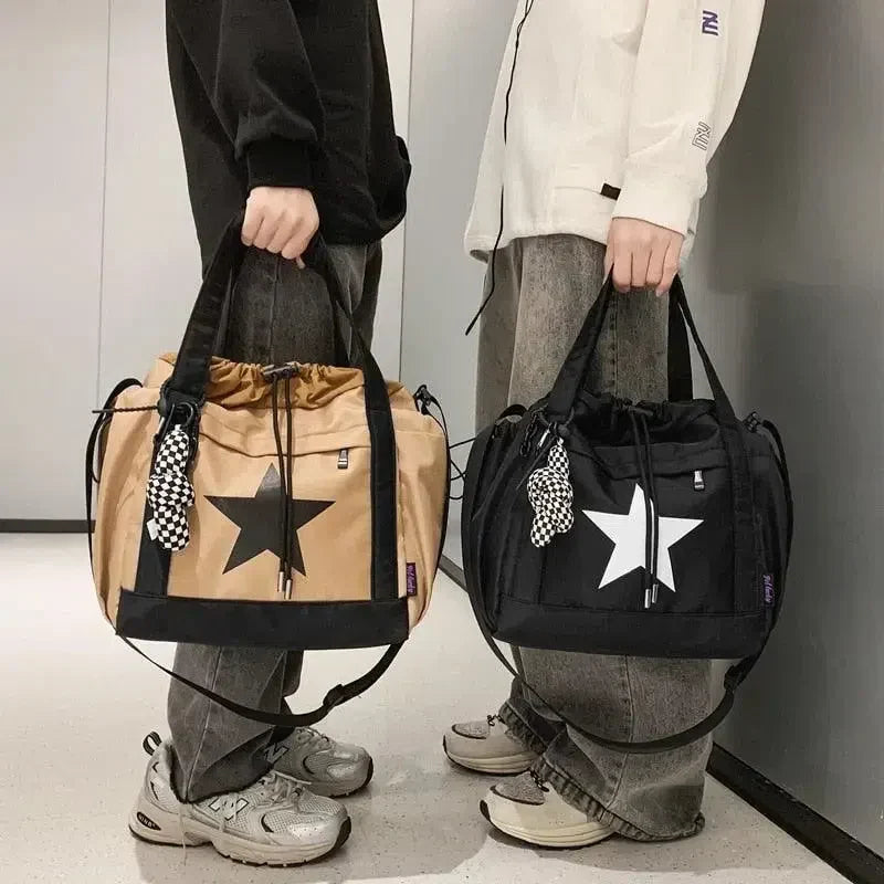 CREAM TOTE BAG WITH BLACK STAR - LARGE CAPACITY SHOULDER BAG