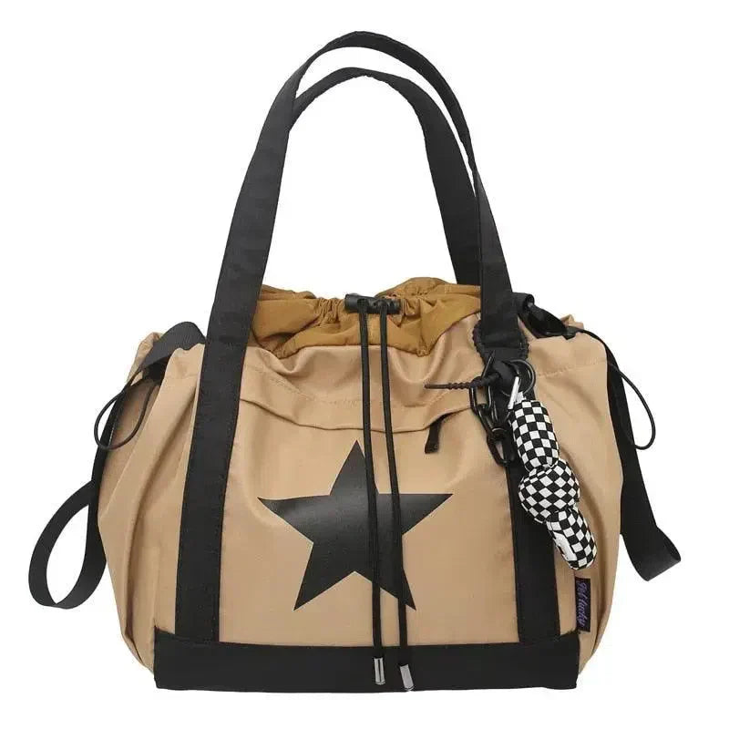 CREAM TOTE BAG WITH BLACK STAR - LARGE CAPACITY SHOULDER BAG