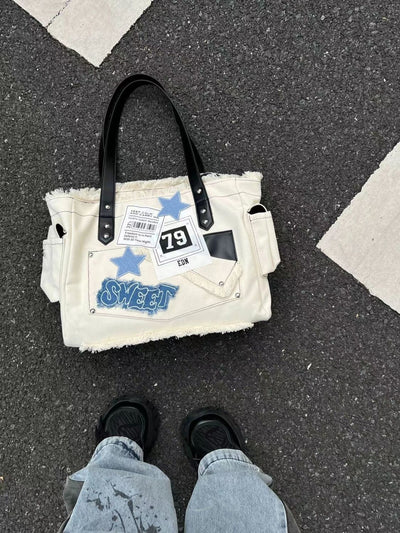 CREAM TOTE BAG WITH BLACK STRAPS AND EMBROIDERED STAR Y2K STYLE