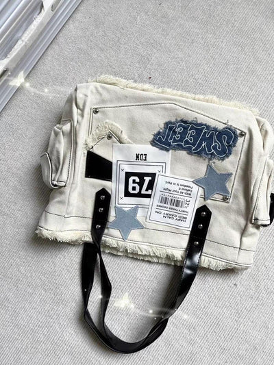CREAM TOTE BAG WITH BLACK STRAPS AND EMBROIDERED STAR Y2K STYLE