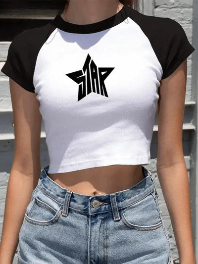 CROP TOP STAR DESIGN Y2K WHITE AND BLACK TSHIRT