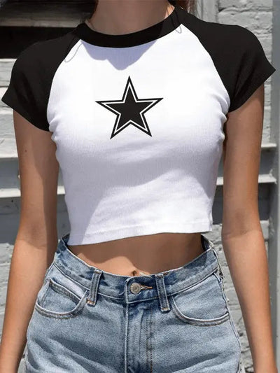 CROP TOP STAR DESIGN Y2K WHITE AND BLACK TSHIRT