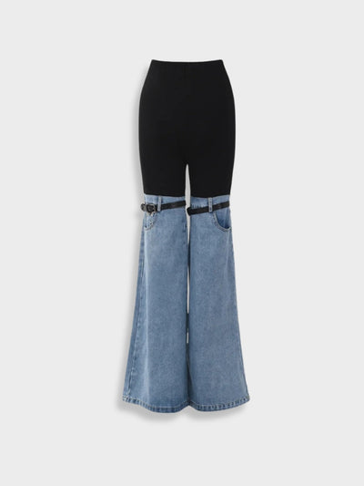 DENIM CUTOUT PANTS BLACK AND BLUE HALF DENIM JEANS
