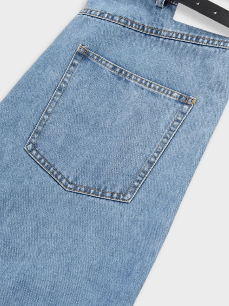 DENIM CUTOUT PANTS BLACK AND BLUE HALF DENIM JEANS