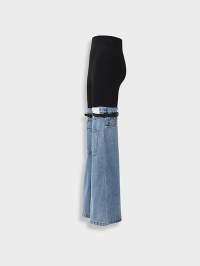 DENIM CUTOUT PANTS BLACK AND BLUE HALF DENIM JEANS