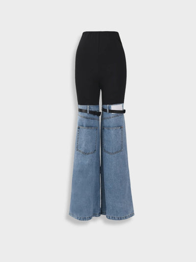 DENIM CUTOUT PANTS BLACK AND BLUE HALF DENIM JEANS