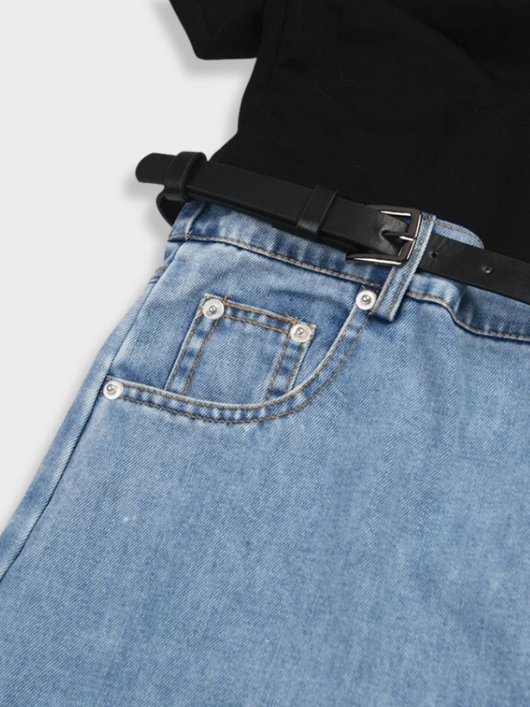 DENIM CUTOUT PANTS BLACK AND BLUE HALF DENIM JEANS