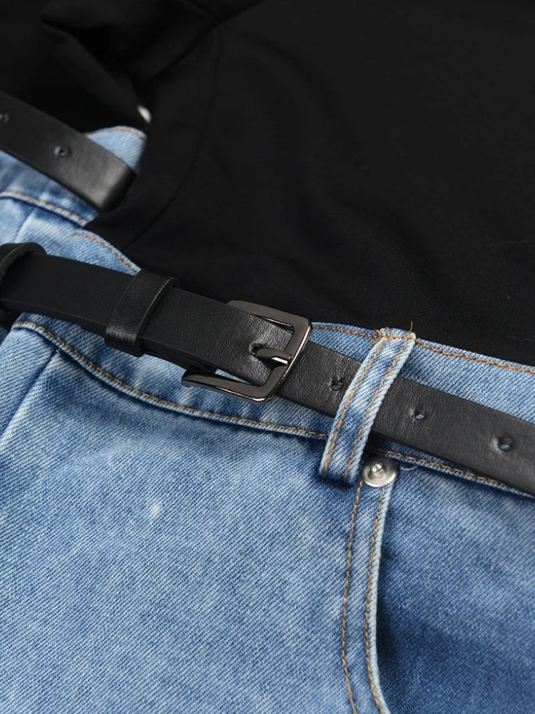 DENIM CUTOUT PANTS BLACK AND BLUE HALF DENIM JEANS