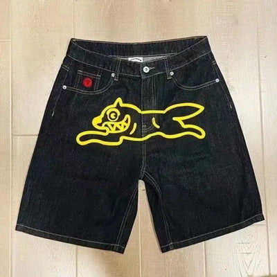 DENIM PRINT SHORTS WITH CARTOON DOG DESIGN