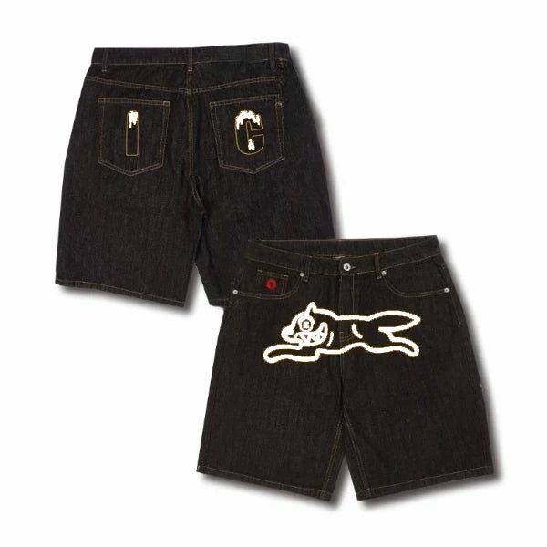 DENIM PRINT SHORTS WITH CARTOON DOG DESIGN