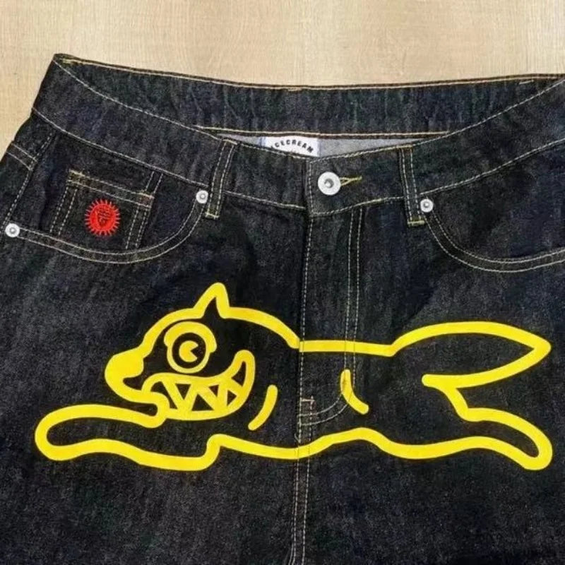 DENIM PRINT SHORTS WITH CARTOON DOG DESIGN