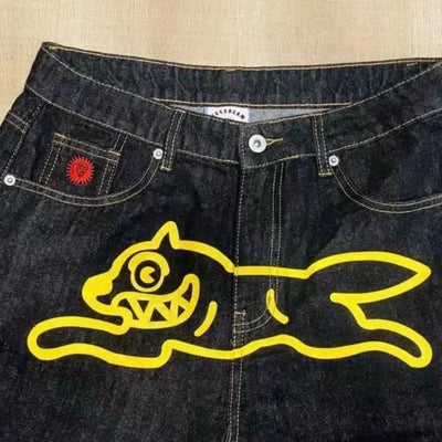 DENIM PRINT SHORTS WITH CARTOON DOG DESIGN