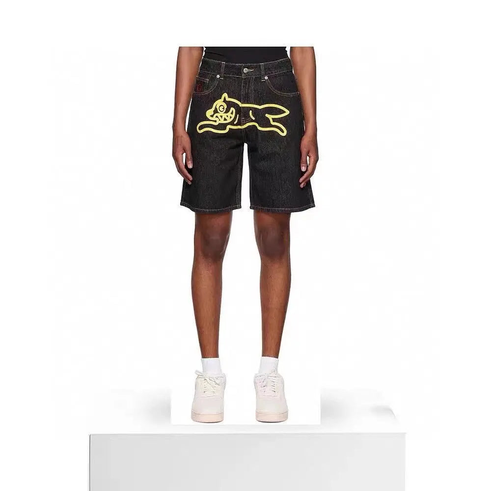 DENIM PRINT SHORTS WITH CARTOON DOG DESIGN