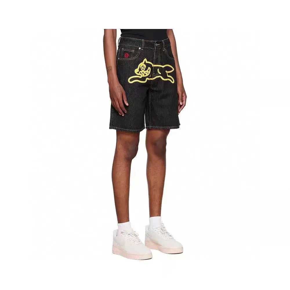 DENIM PRINT SHORTS WITH CARTOON DOG DESIGN