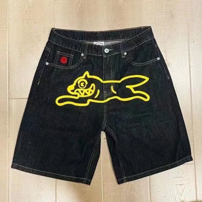 DENIM PRINT SHORTS WITH CARTOON DOG DESIGN