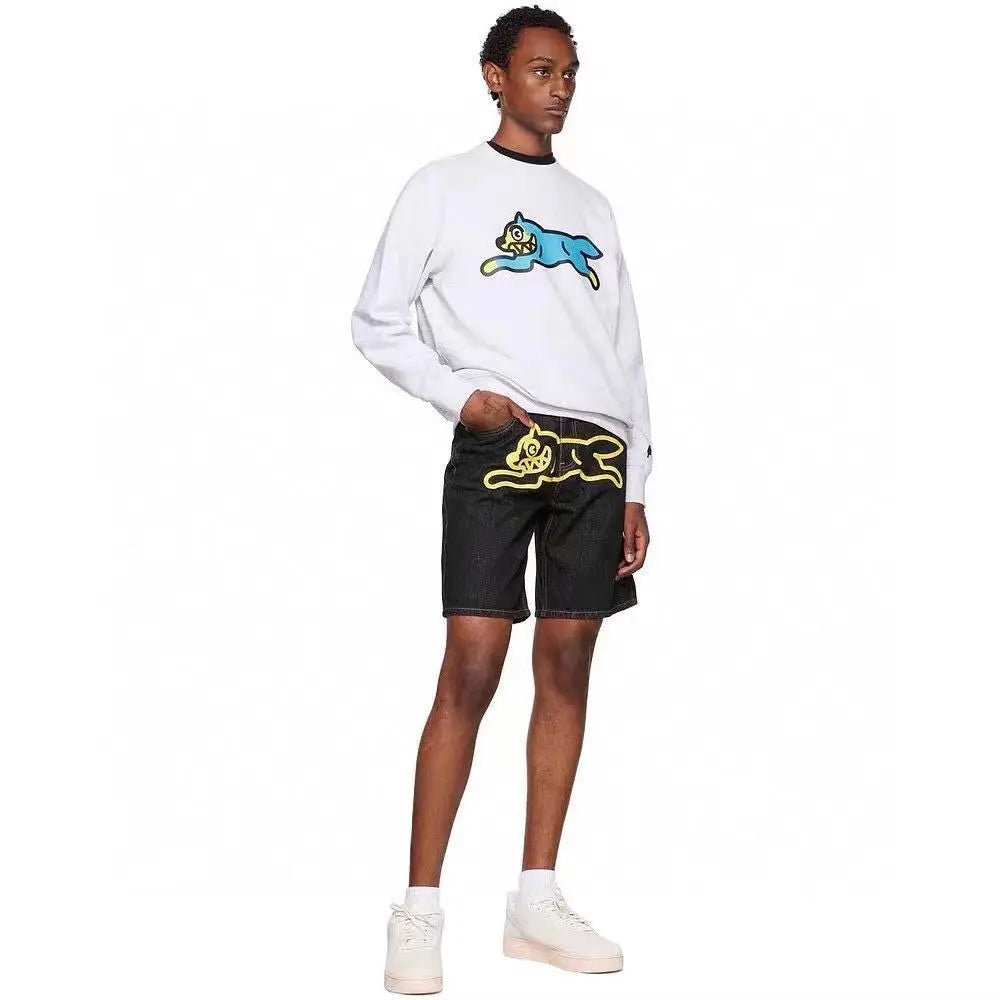 DENIM PRINT SHORTS WITH CARTOON DOG DESIGN