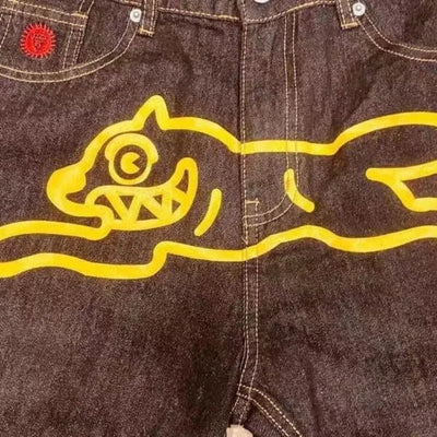 DENIM PRINT SHORTS WITH CARTOON DOG DESIGN