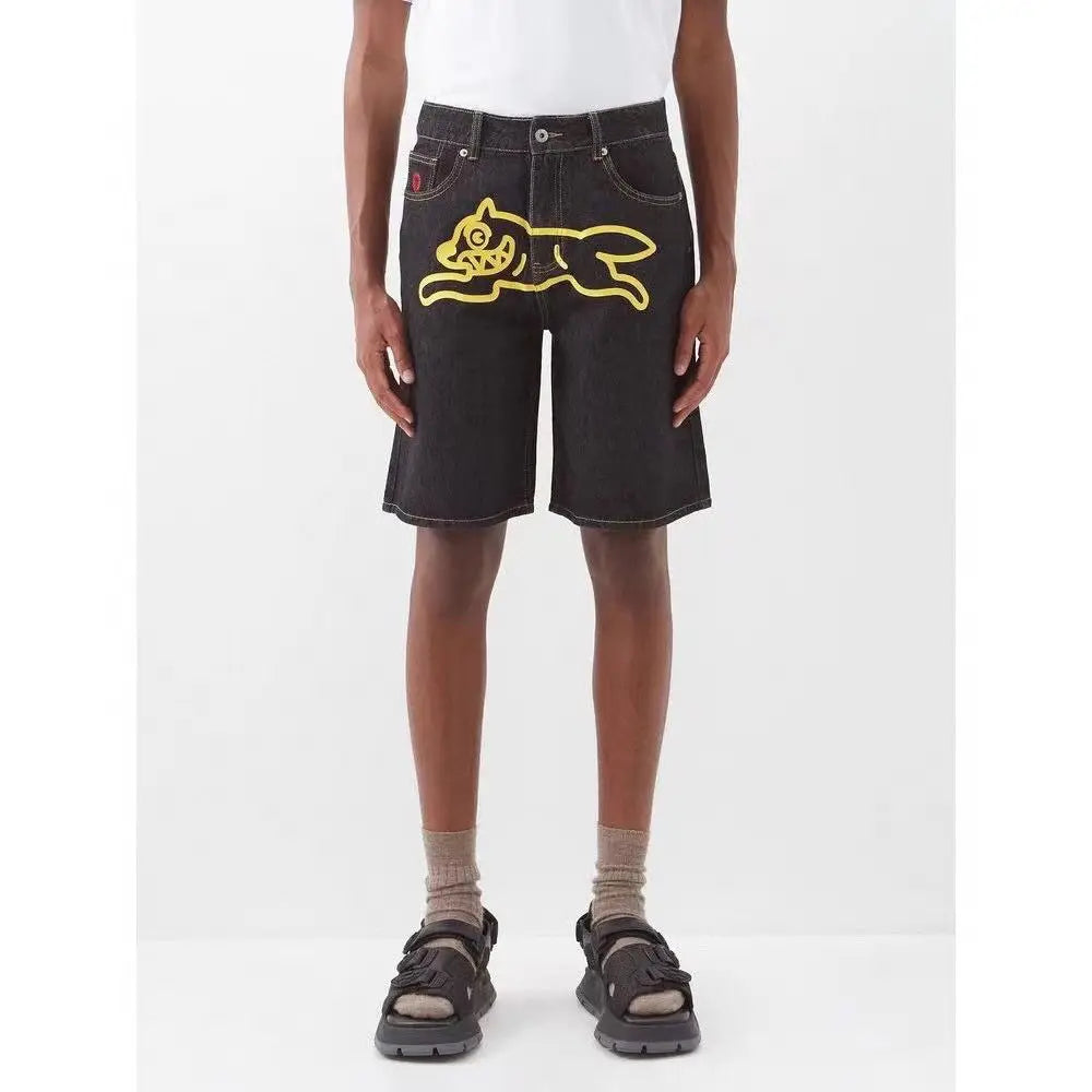 DENIM PRINT SHORTS WITH CARTOON DOG DESIGN