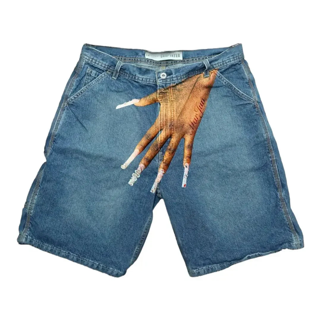DENIM SHORTS WITH HAND GRAPHIC - HIP HOP Y2K STYLE