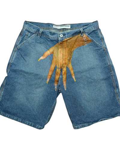 DENIM SHORTS WITH HAND GRAPHIC - HIP HOP Y2K STYLE