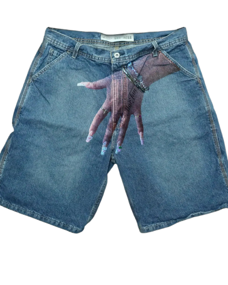 DENIM SHORTS WITH HAND GRAPHIC - HIP HOP Y2K STYLE