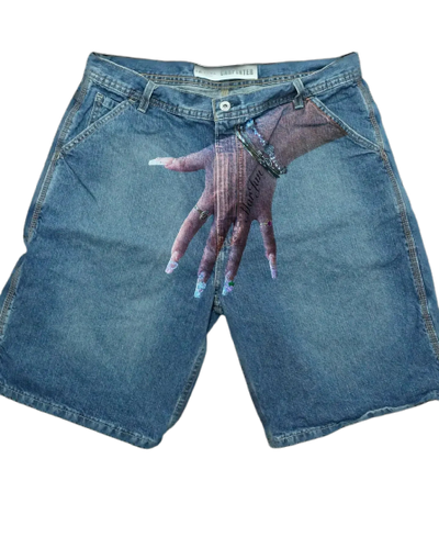 DENIM SHORTS WITH HAND GRAPHIC - HIP HOP Y2K STYLE
