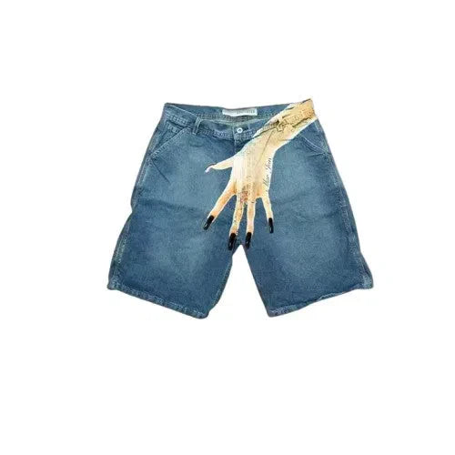 DENIM SHORTS WITH HAND GRAPHIC - HIP HOP Y2K STYLE