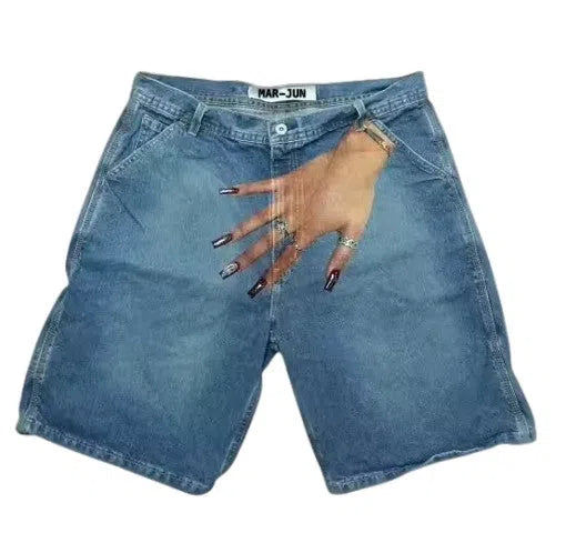 DENIM SHORTS WITH HAND GRAPHIC - HIP HOP Y2K STYLE