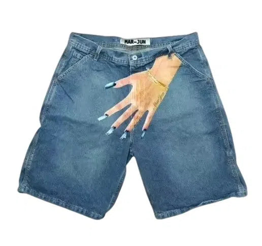 DENIM SHORTS WITH HAND GRAPHIC - HIP HOP Y2K STYLE