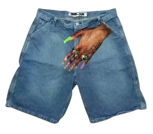 DENIM SHORTS WITH HAND GRAPHIC - HIP HOP Y2K STYLE