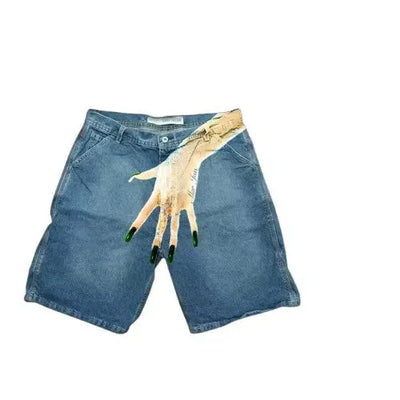 DENIM SHORTS WITH HAND GRAPHIC - HIP HOP Y2K STYLE