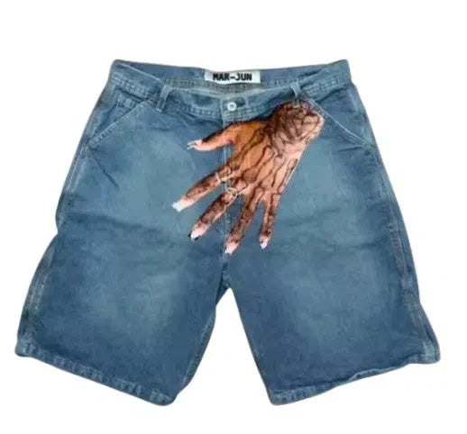 DENIM SHORTS WITH HAND GRAPHIC - HIP HOP Y2K STYLE