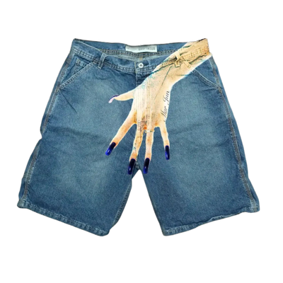 DENIM SHORTS WITH HAND GRAPHIC - HIP HOP Y2K STYLE