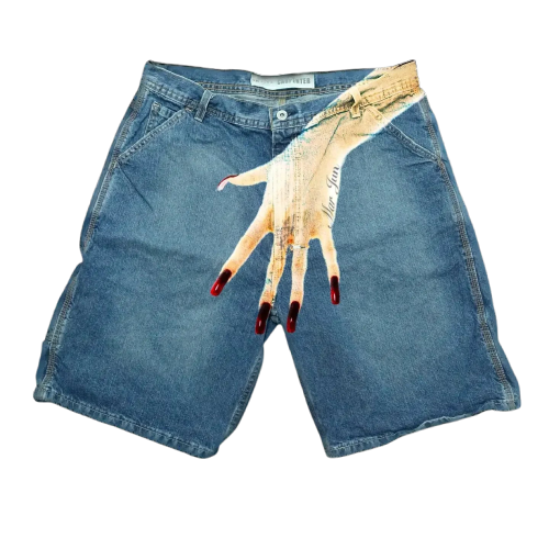DENIM SHORTS WITH HAND GRAPHIC - HIP HOP Y2K STYLE