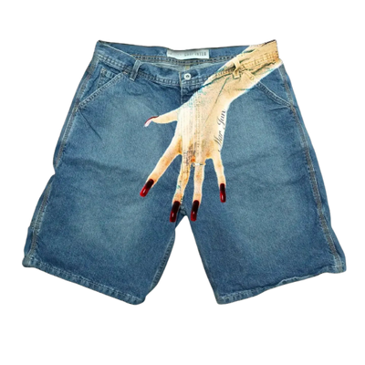 DENIM SHORTS WITH HAND GRAPHIC - HIP HOP Y2K STYLE