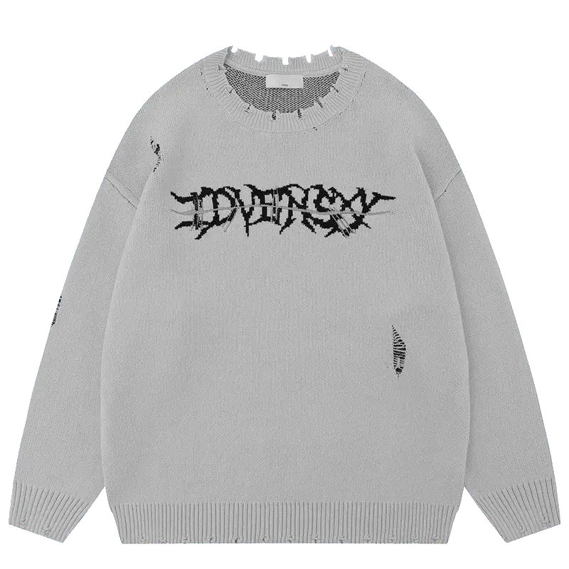 DISTRESSED BLACK SWEATER WITH RETRO SKULL GRAPHIC