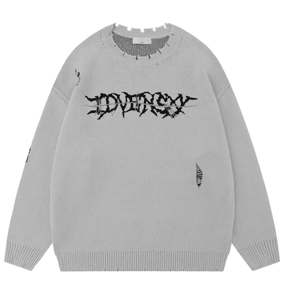 DISTRESSED BLACK SWEATER WITH RETRO SKULL GRAPHIC