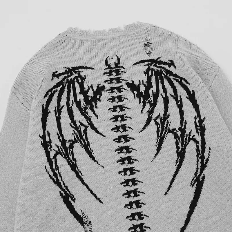 DISTRESSED BLACK SWEATER WITH RETRO SKULL GRAPHIC