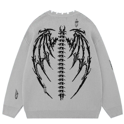 DISTRESSED BLACK SWEATER WITH RETRO SKULL GRAPHIC