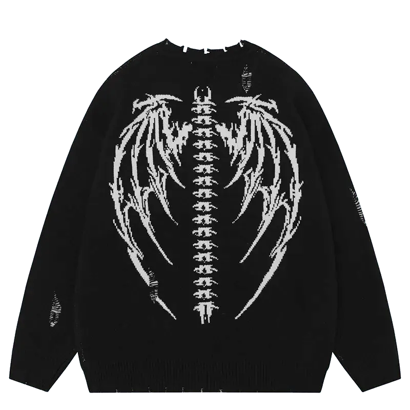 DISTRESSED BLACK SWEATER WITH RETRO SKULL GRAPHIC