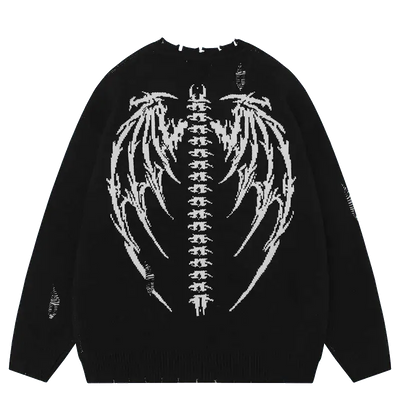 DISTRESSED BLACK SWEATER WITH RETRO SKULL GRAPHIC