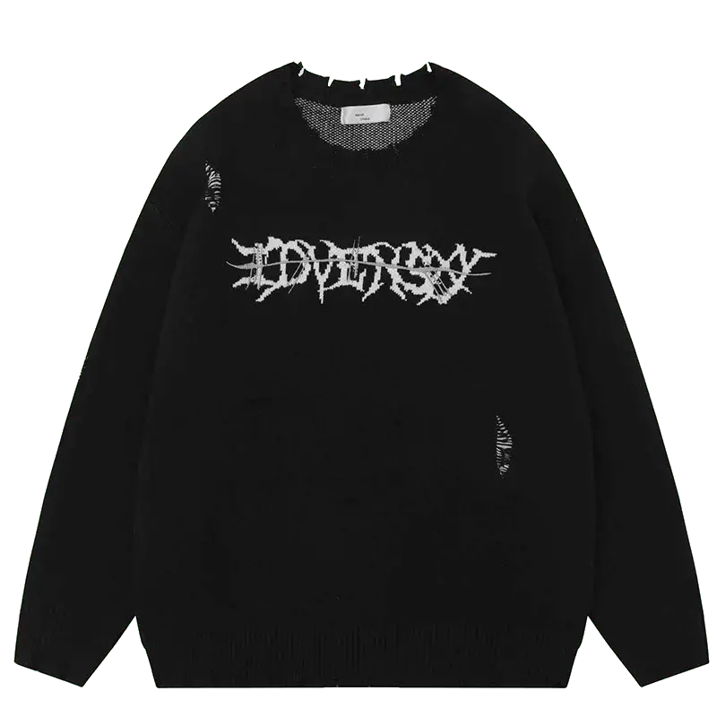 DISTRESSED BLACK SWEATER WITH RETRO SKULL GRAPHIC