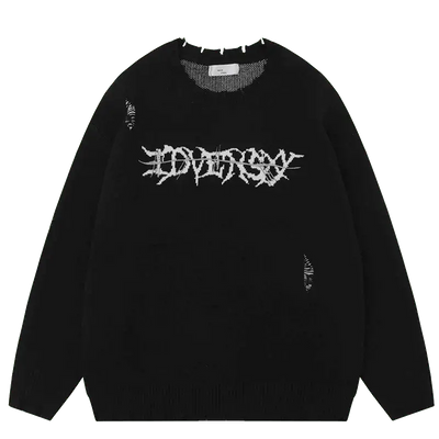 DISTRESSED BLACK SWEATER WITH RETRO SKULL GRAPHIC