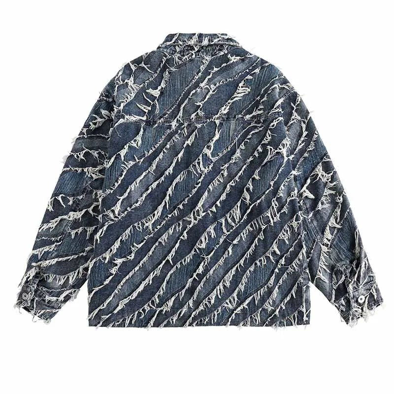 DISTRESSED DENIM BUTTON-DOWN SHIRT JACKET RIPPED JEANS