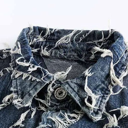 DISTRESSED DENIM BUTTON-DOWN SHIRT JACKET RIPPED JEANS