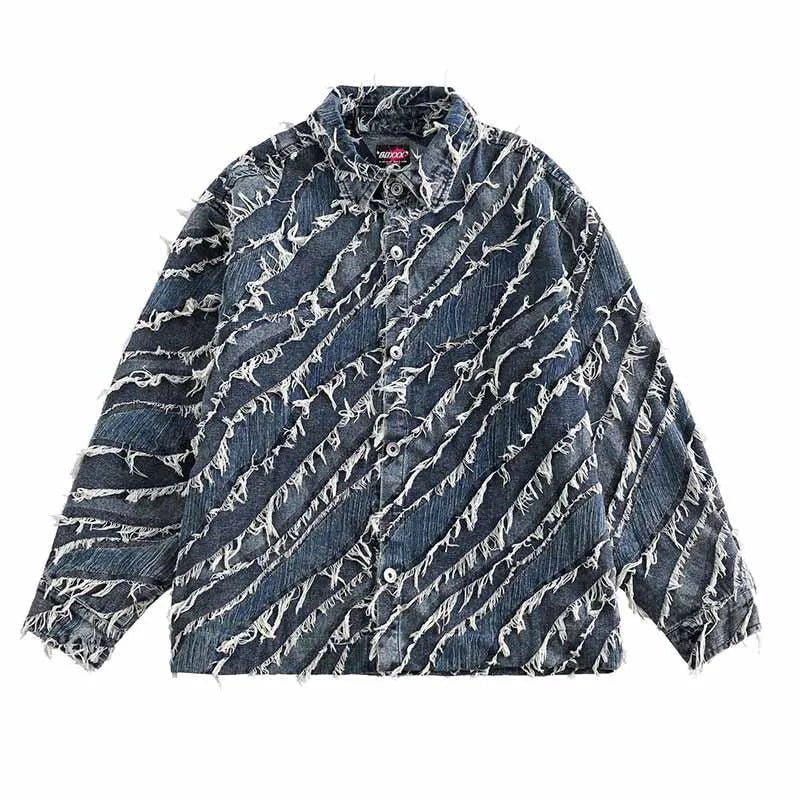 DISTRESSED DENIM BUTTON-DOWN SHIRT JACKET RIPPED JEANS