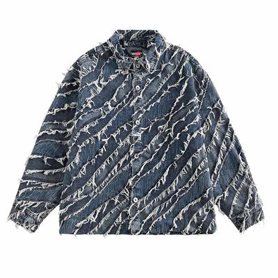 DISTRESSED DENIM BUTTON-DOWN SHIRT JACKET RIPPED JEANS