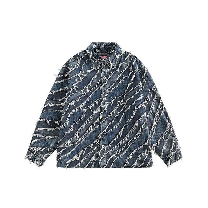 DISTRESSED DENIM BUTTON-DOWN SHIRT JACKET RIPPED JEANS
